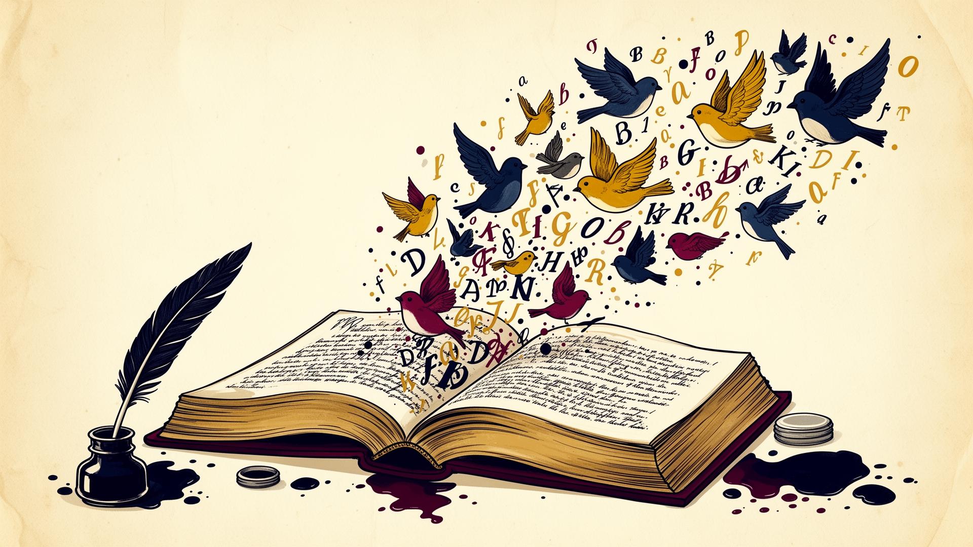An open book with letters and birds taking flight